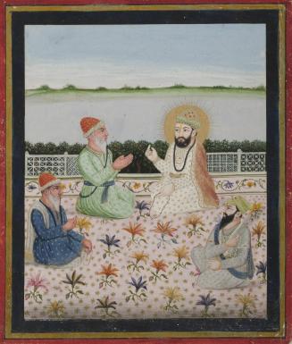 Guru Nanak's meeting with Vali Qandhara and Sharaf Pathan, from a manuscript of the Janam Sakhi (Life Stories)