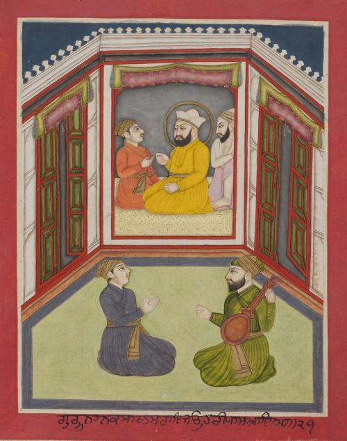 Guru Nanak's meeting with the jeweler Salas Rai, from a manuscript of the Janam Sakhi (Life Stories)