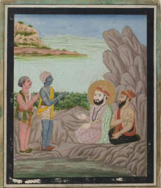 Guru Nanak meets with Bal Nath yogi’s disciples, page from a manuscript of the Janam Sakhi (Life Stories)