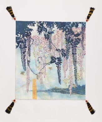 Gift cover (fukusa) with design of wisteria, honey bees, and San Francisco skyline