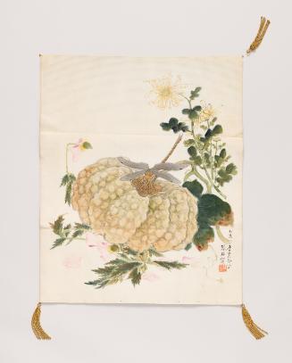 Gift cover (fukusa) with design of dragonfly, pumpkin, chrysanthemums, and poppies