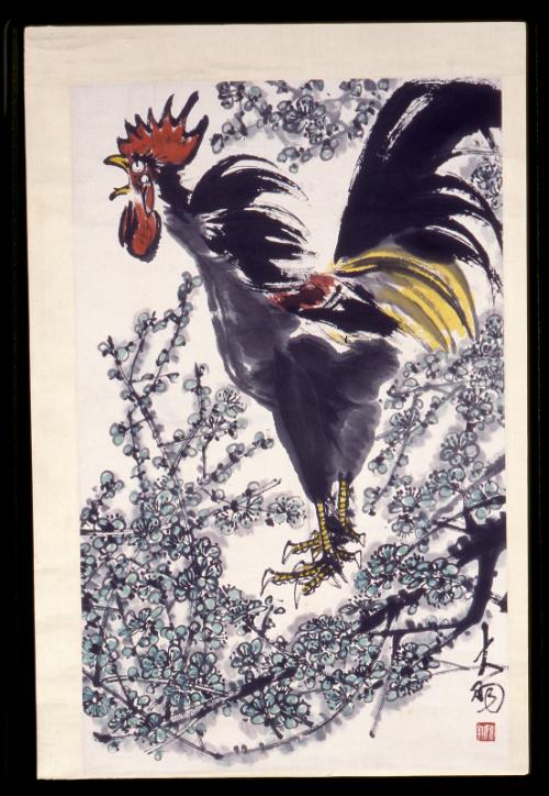 Crowing Rooster and Green Prunus