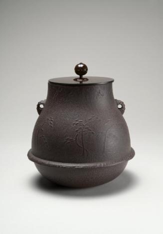 Crane's-neck kettle depicting pines along a seashore