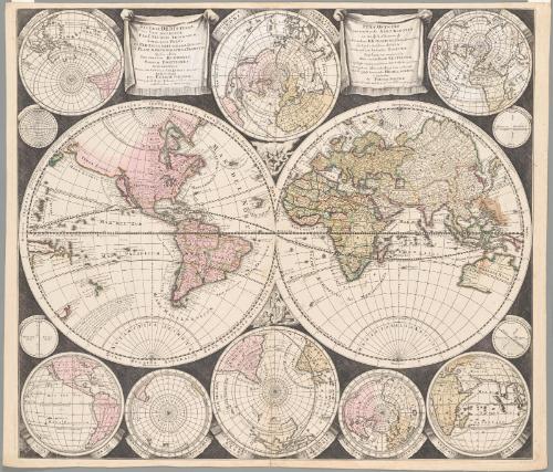 Diversa Orbis Terræ. visu incedente per coluros tropicorum, ambos ejus polos, et particularis sphæræ zenith, in planum orthographica projectio... Plat Ontwerp van verscheyde Aert-klooten