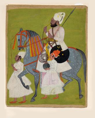 Nobleman smoking a water pipe and riding a horse, accompanied by attendants