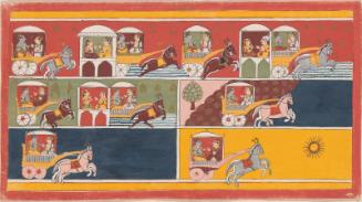 Arjuna and Krishna search for the brahman's sons, from a manuscript of the Bhagavata Purana (Ancient Tales of the Lord Vishnu)