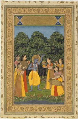 The Hindu deity Krishna dancing with the young cowherder women, personifying a musical mode (Vasanta Ragini), from a Ragamala series