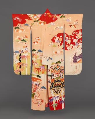 Long sleeved kimono (furisode) with imperial cart, aristocratic fans, ball-shaped floral sachet, and auspicious plants