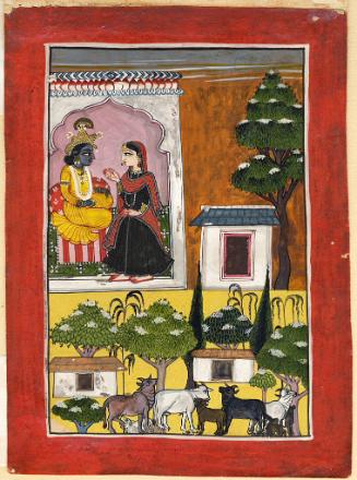 The Hindu god Krishna and his consort Radha sit in a pavilion while cows nurse their young outside