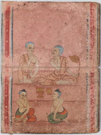 Monks touch their throats, perhaps hoarse from chanting, from a manuscript of scenes from the story of the holy monk Phra Malai