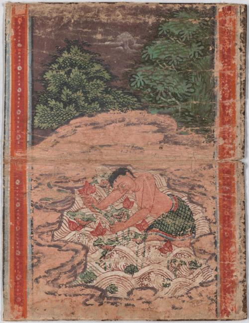 A poor man collects lotus flowers for Phra Malai to take as an offering to the hair-relic monument in Indra's heaven, from a manuscript of scenes from the story of the holy monk Phra Malai