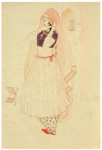 A standing woman adjusting her veil