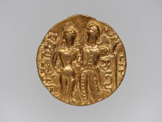 The Gupta king Chandragupta I and his queen, Kumaradevi, obverse side of a coin issued by the Gupta king Samudragupta