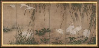 Egrets, willows, and autumn plants (one of a pair)