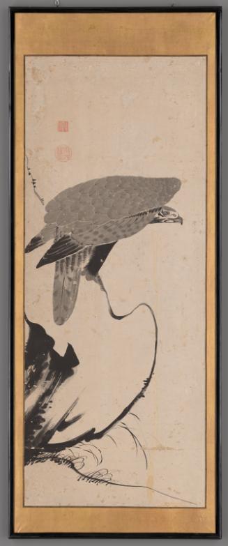 Hawk perching on a branch of bare tree, one of a set of six paintings