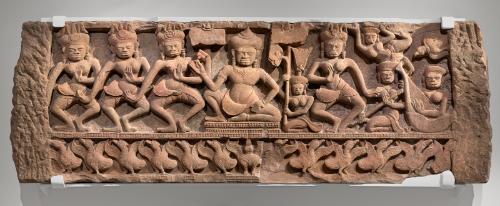 Lintel with dancers and musicians entertaining a nobleman