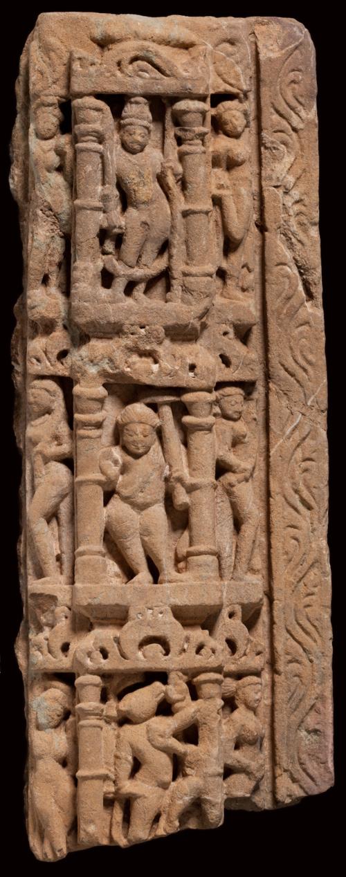 Fragment of a door jamb with three incarnations of Vishnu: Varaha, Vamana, and Rama