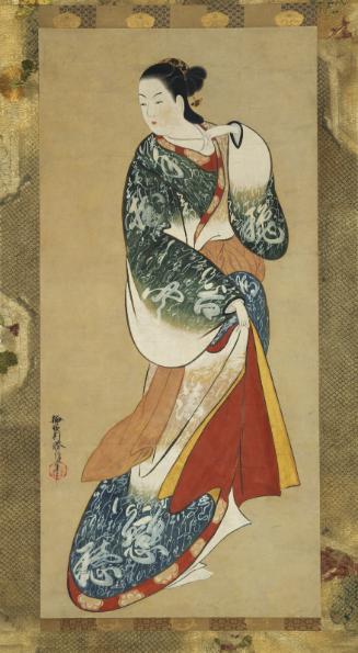 Courtesan in a robe decorated with calligraphy