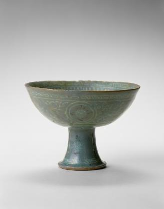 Stemmed cup with chrysanthemum, crane, and cloud design