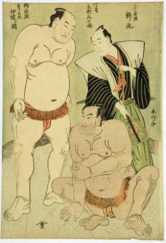 The Sumo Wrestler Tsurugataki, Maegashira of the Eastern Section, the Referee Kimura Shonosuke, and the Sumo Wrestler Hidenoyama, Renamed Dategaseki, Maegashira of the Western Section