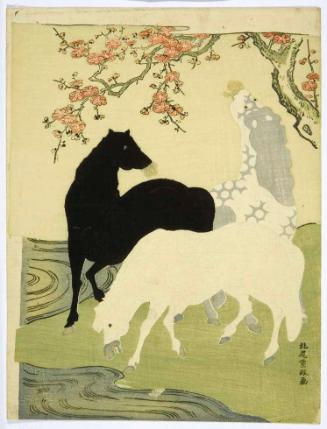 Horses beneath a flowering plum tree