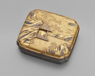 Incense container with scene of waterside pavilion in landscape