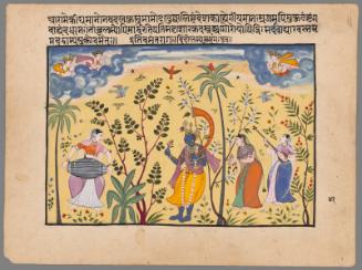 Krishna and musicians, personifying a musical mode (Vasanta [Basant] Ragaputra of Hindola Raga), from the Earliest Kshemakarna Ragamala