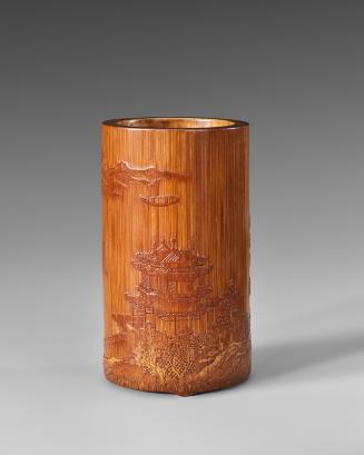 Brush holder depicting the Yueyang Pavilion in spring