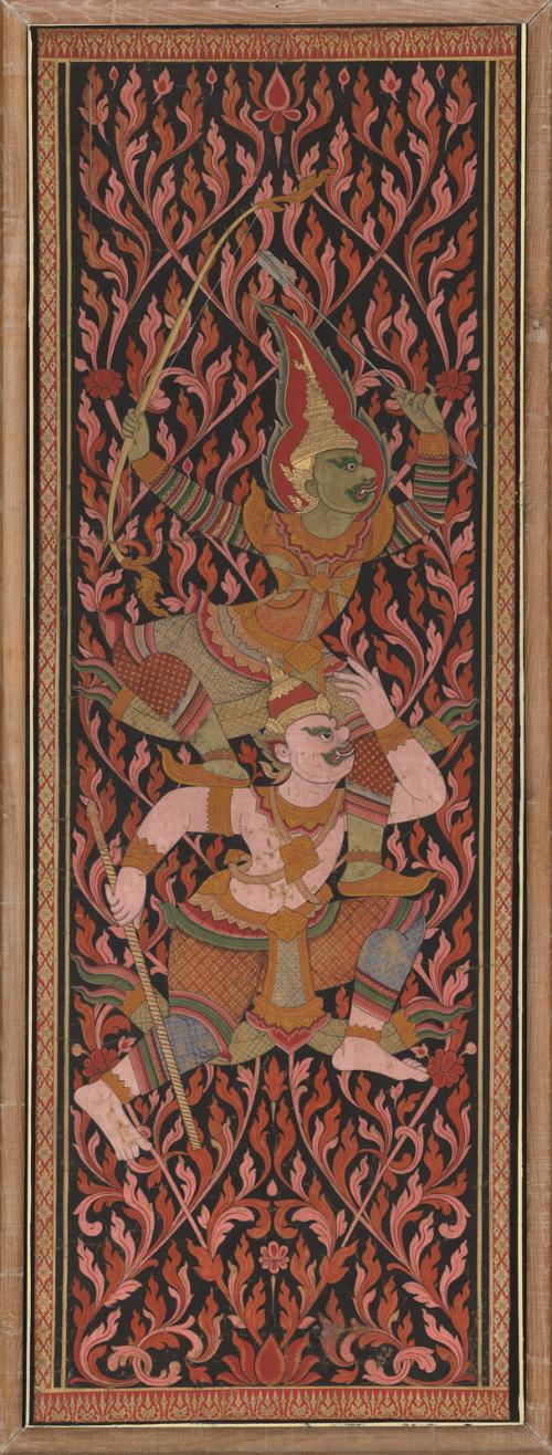 The demon prince Indrajit charges into battle, from the Cambodian or Thai version of the epic of Rama