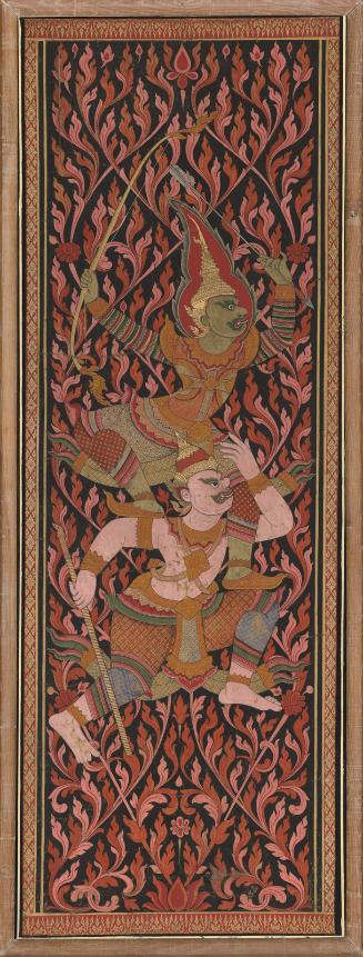 The demon prince Indrajit charges into battle, from the Cambodian or Thai version of the epic of Rama