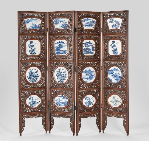 Folding screen with porcelain panels