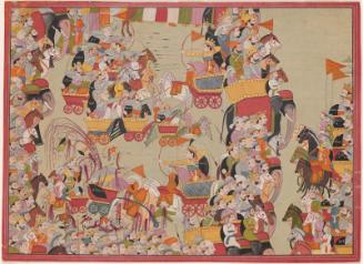 The Pandavas' nephew Abhimanyu battles the Kauravas and their allies, from a manuscript of the Mahabharata