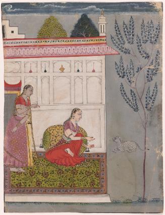 A woman with a feline and a female attendant, symbolizing a musical mode (Shrihati Ragini)