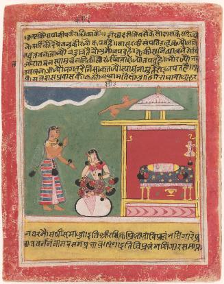 A Confidante delivers a message from the Hindu deity Krishna to his consort Radha, from a manuscript of the Rasikapriya (Connoisseur's Delights)