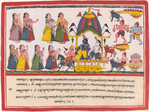 The Hindu god Krishna and his brother Balarama in a chariot, from a manuscript of the Bhagavata Purana (Ancient Tales of the Lord Vishnu)