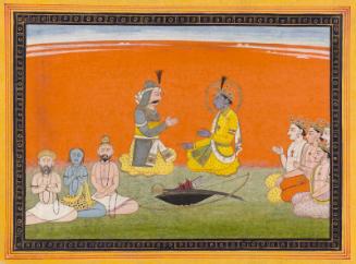 Krishna talking with Yudhishthira and his brothers (probably an episode from the Harivamsha)