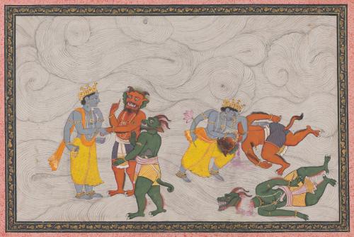 The Hindu deity Vishnu slays the demons Madhu and Kaitabha, from a Devi Mahatmya series