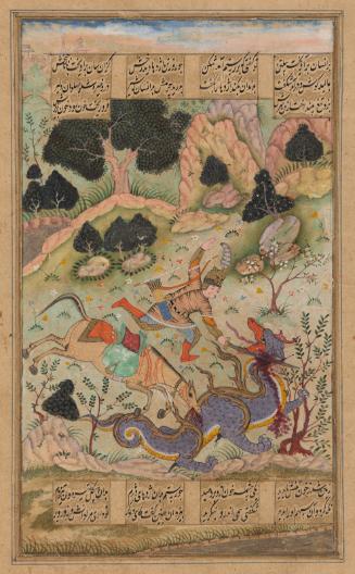 The hero Rustam slaying a dragon, from a manuscript of the Shahnama (Book of Kings)