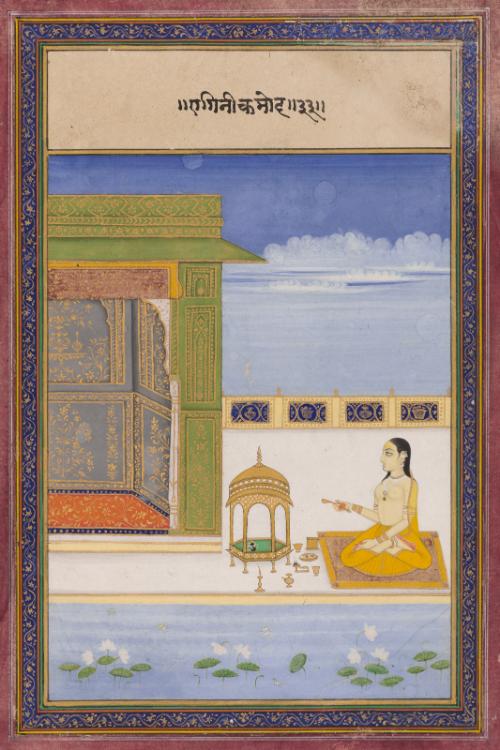 A woman worshiping at a shrine, symbolizing a musical mode (Kamod Ragini)