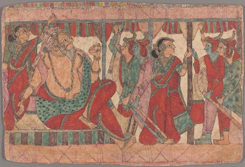 Rama, Lakshmana, and Sita meet a sage, perhaps Bharadvaja