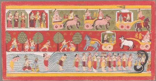 Krishna and Balarama leaving for Mathura with Akrura, and Akrura's vision of Krishna and Balarama in the Yamuna River worshipped by many gods and sages