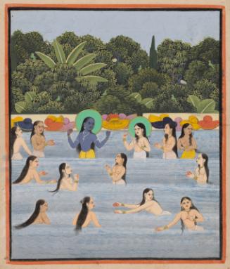 The Hindu deity Krishna bathing with female cowherds