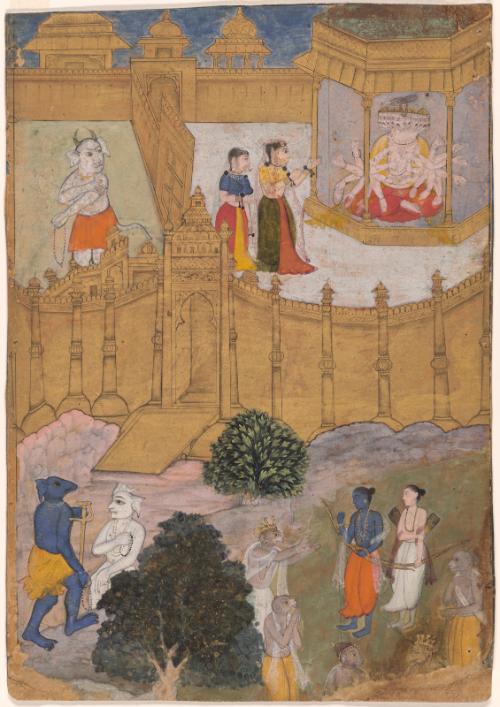 Mandodari admonishes her husband, the demon king Ravana, while Prince Rama and his allies convene outside the palace, from a manuscript of the Ramayana (Epic of Rama)
