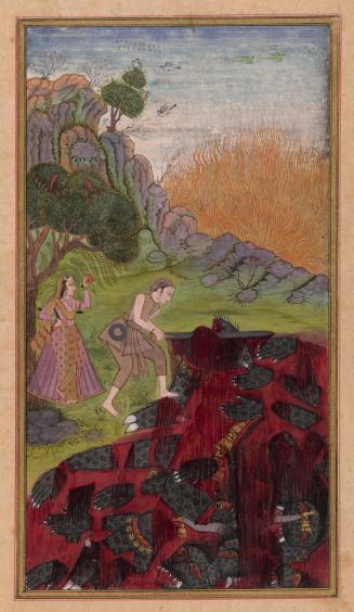 Prince Manohar burns the Tree of Immortality and destroys the demon, from a manuscript of the Gulshan-i Ishq (Rose Garden of Love)