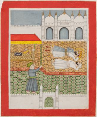 Guru Nanak and his disciple encounter a Muslim cleric at Mecca, from a manuscript of the Janam Sakhi (Life Stories)