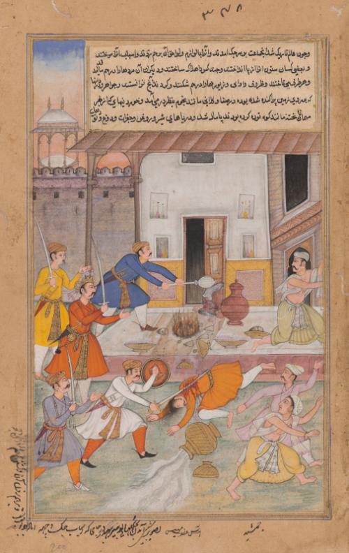 The Destruction of Daksha's sacrifice, from an illustrated manuscript of the Razmnama (Book of War)