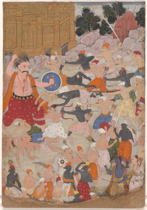 The demon giant Kumbhakarna fights Prince Rama's armies of monkeys and bears on the island of Lanka, from a manuscript of the Ramayana (Epic of Rama)