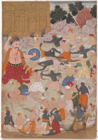 The demon giant Kumbhakarna fights Prince Rama's armies of monkeys and bears on the island of Lanka, from a manuscript of the Ramayana (Epic of Rama)