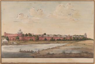 East side of the royal palaces in the fort, Shahjahanabad (Delhi) as seen across the Yamuna River