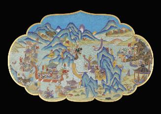 Plaque showing Dragon Boat festival, one of a pair